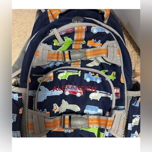 Pottery Barn Kids Backpack with Vehicle Print - Blue and Gray with Lunch Bag